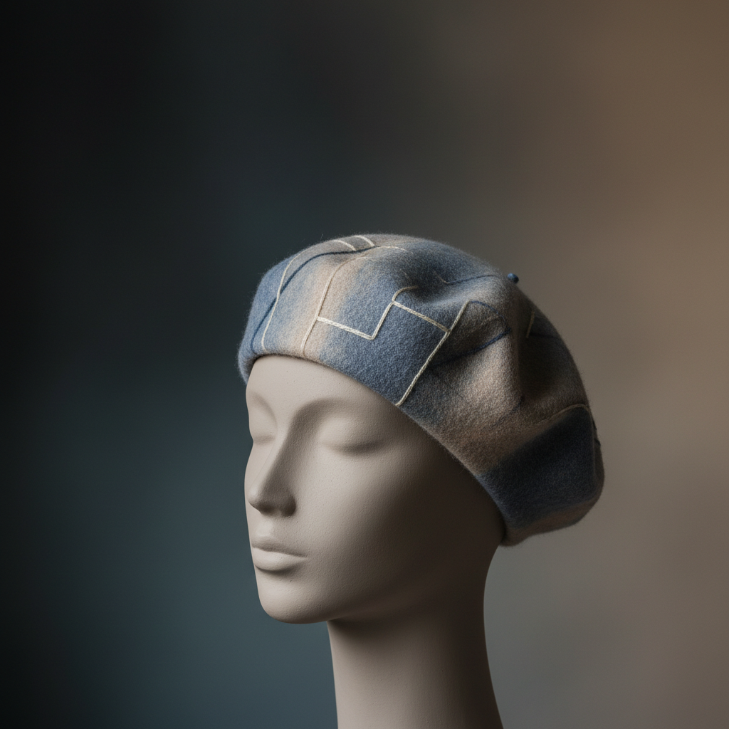 An intricate, hand-dyed wool beret in faded indigo and understated sand tones, adorned with minimalist geometric embroidery. The beret is elegantly perched on a sculpted, neutral-toned display form, set against a backdrop of softly blended gradients on a refined, shadowy wall. The scene is illuminated with softly diffused, cool natural light from one side, highlighting delicate textures and creating gentle, elegant shadows. The mood is introspective and artistic, emphasizing the cultural story behind the piece. Shot from a close-up, eye-level perspective, framed using the rule of thirds to create a clean, contemporary composition with a photographic, minimalist sensibility.