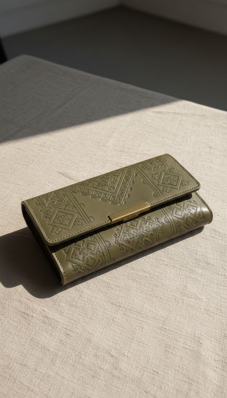 A refined leather clutch bag in muted olive green, featuring delicate hand-embossed patterns inspired by cultural motifs, and accented with a minimal brass clasp. The bag rests atop an elegant textured linen surface in a spacious, softly lit studio setting. Subtle artificial lighting from the side gently accentuates the bag’s natural sheen and embossing, creating gentle shadows for an elevated, serene visual effect. The atmosphere is calm, sophisticated, and modern, with an emphasis on the beauty of craftsmanship. Captured from a slight top-down angle, employing clean, minimalist composition and sharp focus to celebrate the artistry of the piece, aligning with a photographic and refined style.