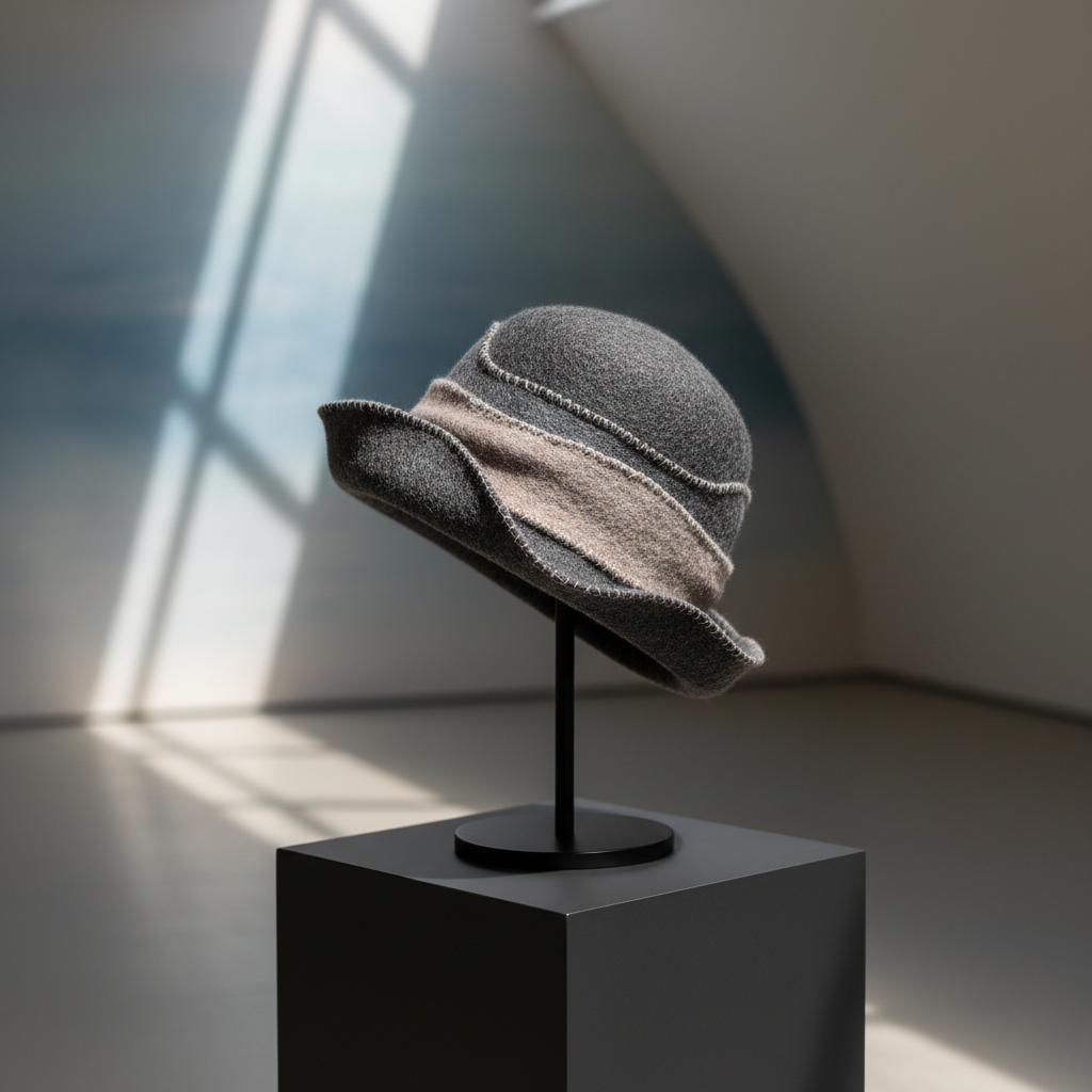 An exquisitely handcrafted felted wool hat, featuring layered textures in muted charcoal, slate grey, and soft taupe, with elegant hand-stitched detailing along the brim. The hat is displayed on a minimalist matte black pedestal within a serene gallery-like space, surrounded by subtle gradients on softly illuminated walls. Gentle, diffused natural light filters from above, casting refined shadows around the hat and highlighting its sophisticated contours. The mood is quietly luxurious and contemplative, inviting admiration of artistry and craftsmanship. Photographed from an eye-level, slightly off-center perspective using a shallow depth of field, with a photographic realism and understated, minimalist aesthetic that reflects the brand’s modern sophistication.