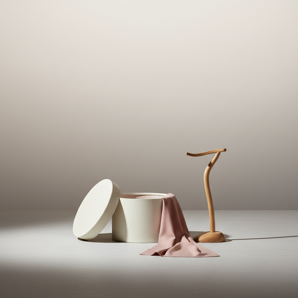 A curated still life of fashion exhibition elements: a matte-finished hatbox in muted cream, a folded silk ribbon in subdued blush, and a slender, hand-carved wooden display stand. These objects are arranged with deliberate negative space against a background featuring soft, subtle gradients in neutral hues, evoking a modern gallery setting. The space is gently lit by overhead diffused lighting, which casts elegant, soft shadows and enhances the tactile surfaces. The image mood is elevated and contemplative, with an emphasis on minimalism and refined detail. Photographed straight-on at eye level with sharp focus throughout, the photographic realism and sophisticated style make it ideal for illustrating the artistic, high-end essence of the brand.