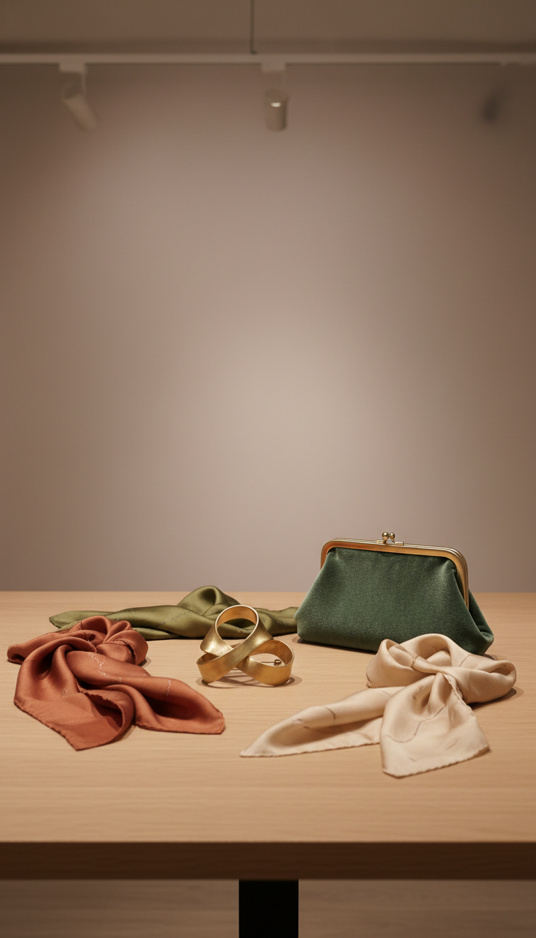 A curated display of unique, handcrafted accessories—such as a sculptural brooch in brushed brass, a velvet-embellished clutch in muted emerald, and silk scarves in understated earth tones—all arranged on a smooth, pale oak table. The background features a gentle gradient wall in soft taupe, bringing out the subtlety of each texture. Ambient lighting emanates from a discreet overhead track, casting gentle highlights and muted shadows that emphasize form and detail. Shot from a slightly elevated angle with moderate depth of field, the composition is balanced and minimalist, radiating an aura of quiet luxury and creative finesse.