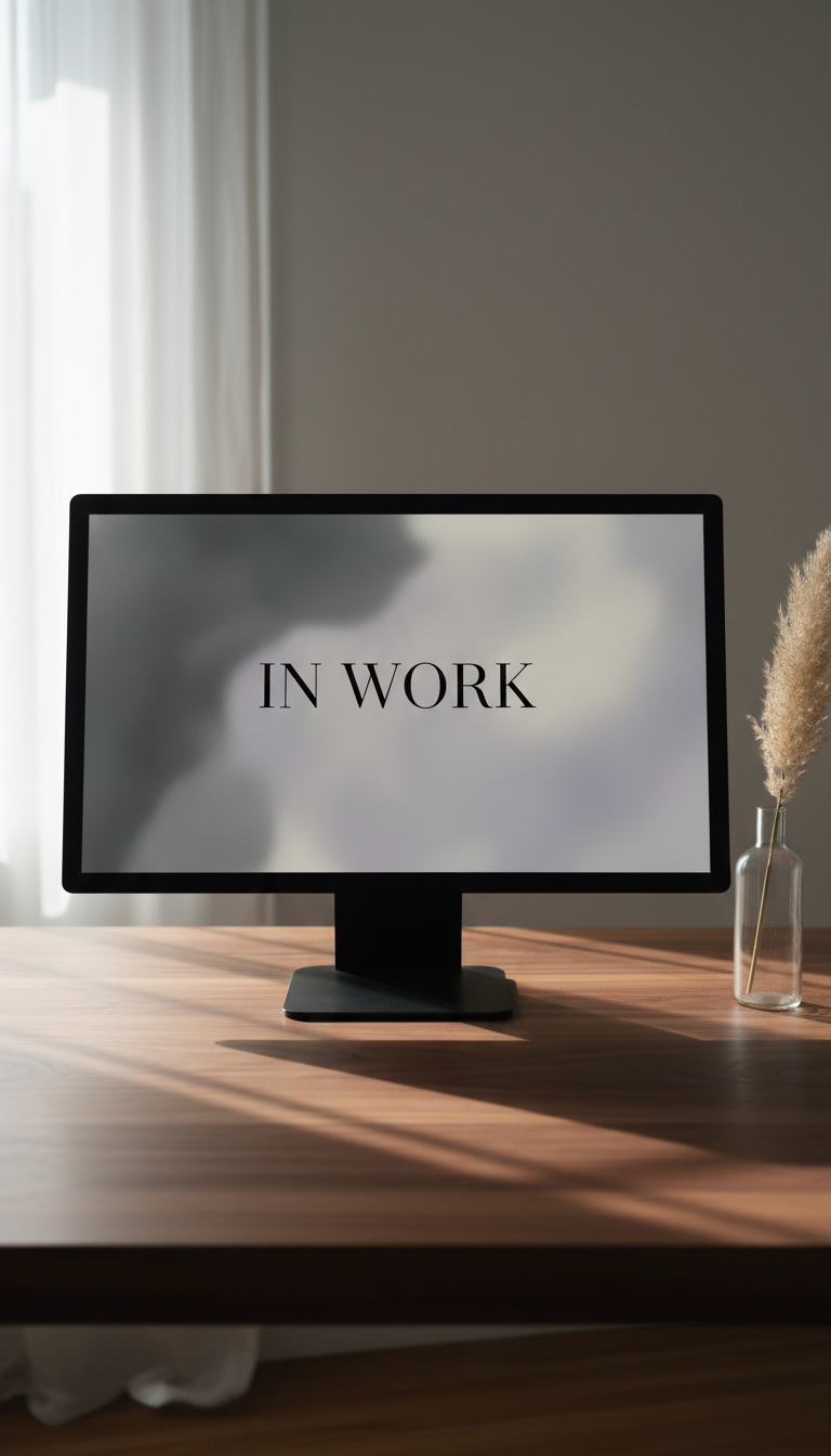 An elegant, under-construction website interface viewed on a sleek, matte-black monitor atop a finely-grained walnut desk, with a single, minimalist glass vase containing a pale dried flower beside it. The monitor displays the 'In Work' page in a tasteful, understated font over a blurred abstract background in muted shades of grey and lavender. Soft, natural daylight streams from an unseen window, creating delicate reflections and smooth shadows. Photographed from a slightly elevated, frontal angle with sharp focus on the monitor, the scene is serene and modern, evoking anticipation and high-end design sensibility appropriate for a fashion brand's gradual digital debut.