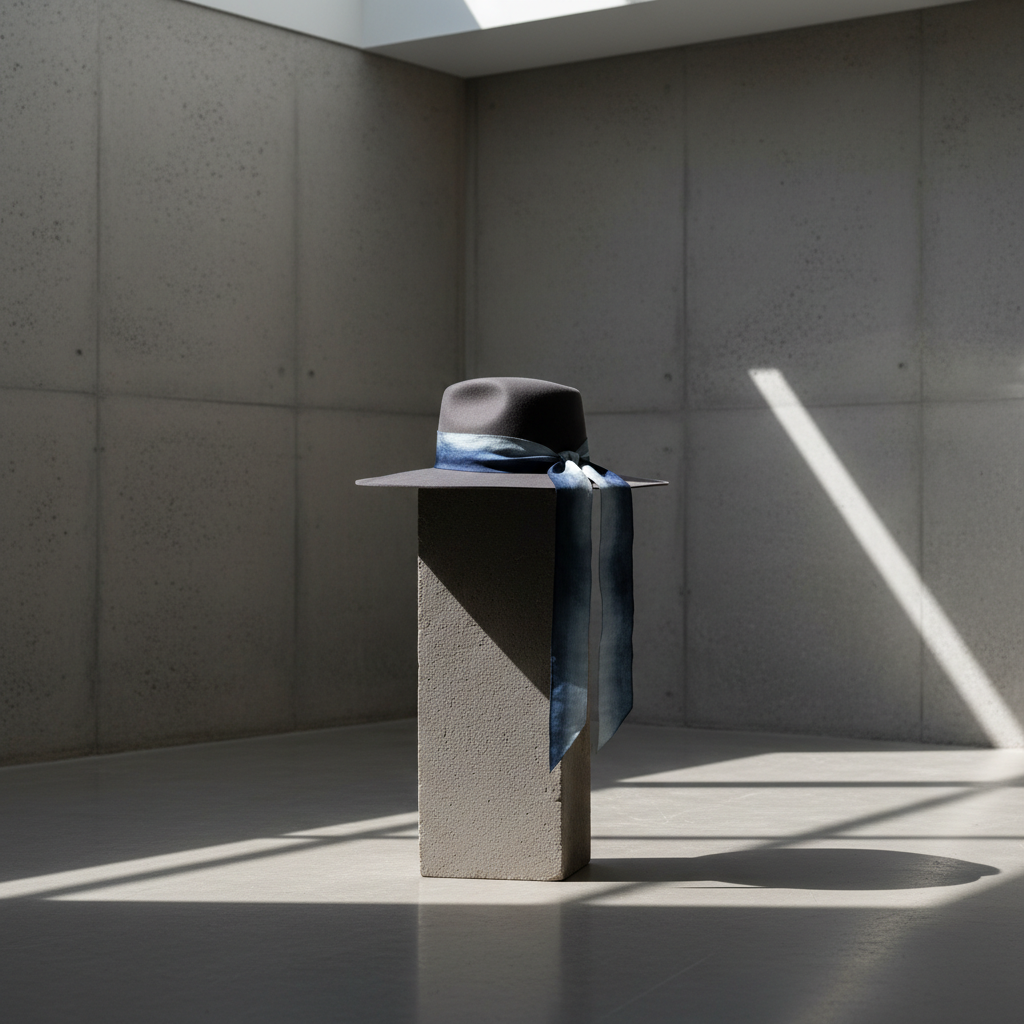 A meticulously crafted, wide-brimmed felt hat in smoky charcoal grey, accentuated with a hand-dyed silk ribbon in a subtle gradient from deep navy to ash blue, displayed elegantly atop a minimalist, matte stone pedestal. The environment is a serene, contemporary studio with textured concrete walls and delicate shadows from an unseen skylight above. Diffused daylight softly bathes the scene, highlighting the rich textures without harsh contrasts. The composition is centered, inviting the eye to linger on refined details of the hat and ribbon. The atmosphere is artistic, sophisticated, and premium, aligning with a high-end fashion brand's identity and minimalist photographic realism.