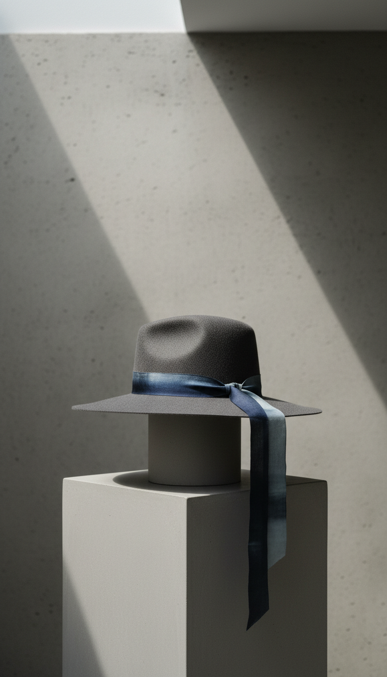 A meticulously crafted, wide-brimmed felt hat in smoky charcoal grey, accentuated with a hand-dyed silk ribbon in a subtle gradient from deep navy to ash blue, displayed elegantly atop a minimalist, matte stone pedestal. The environment is a serene, contemporary studio with textured concrete walls and delicate shadows from an unseen skylight above. Diffused daylight softly bathes the scene, highlighting the rich textures without harsh contrasts. The composition is centered, inviting the eye to linger on refined details of the hat and ribbon. The atmosphere is artistic, sophisticated, and premium, aligning with a high-end fashion brand's identity and minimalist photographic realism.