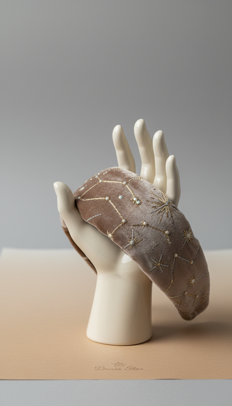 A close-up study of organic textures and premium materials: a single, hand-shaped porcelain accessory holder with a matt finish cradling a meticulously embroidered, taupe velvet headpiece. The holder is positioned against a background of matte paper in a gentle gradient from light sand to soft grey. Side lighting creates subtle highlights along the curves of both objects, evoking sophistication and artistic care. The mood is intimate and contemplative, drawing focus to craftsmanship and detail. Framed with ample negative space and shot at eye level, this minimalist photographic composition conveys the refined artistry and tactile luxury of the Donia Star brand.