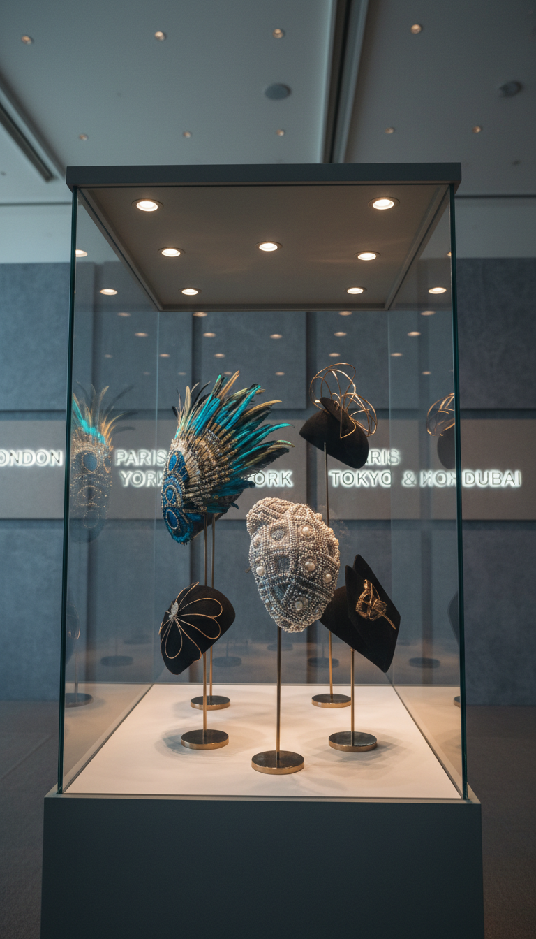 A refined, glass display case featuring an artistic collection of elaborate hats—some adorned with artisanal feathers, others with intricate beadwork—in a prestigious exhibition setting. The backdrop is a softly-lit wall with minimalist signage referencing international locations. Ambient gallery lighting creates elegant pools of illumination within the case, producing a play of delicate shadows and reflections on the glass. The mood is exclusive and celebratory, capturing the anticipation and gravity of a cultural showcase. Photographed at a low angle to emphasize the stature and uniqueness of the creations, with a clean, photographic style and muted color palette, the image portrays the brand's global presence and creative ambition.