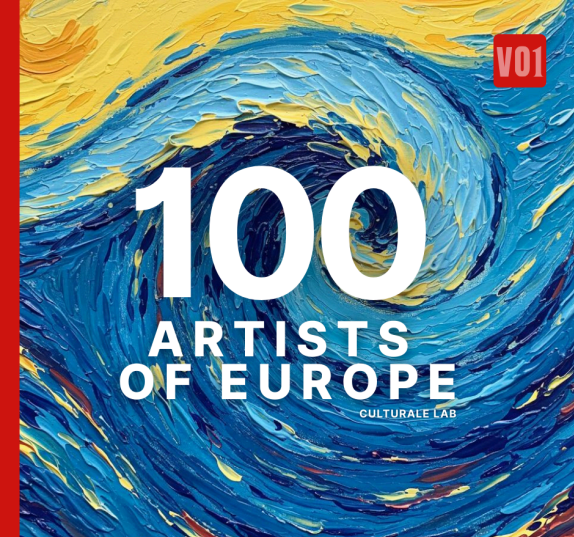 Cover of the book "100 Artists of Europe" by Culturale Lab, featuring an abstract painting of swirling blue and yellow bru...